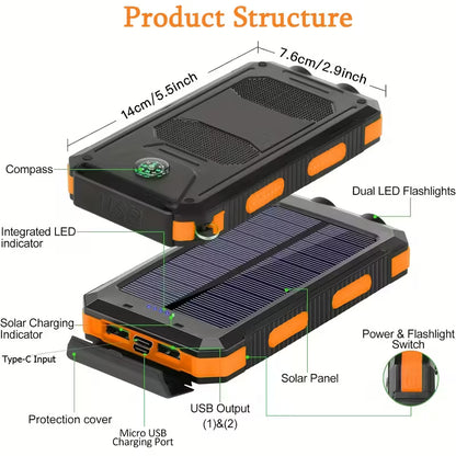 Solcelledrevet Powerbank 10000mAh